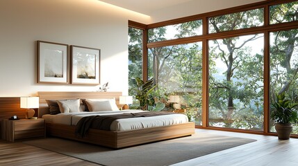 Modern bedroom with large glass windows, wood accents, 3D illustration