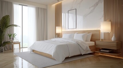 Modern bedroom with sleek design, urban apartment, 3D illustration
