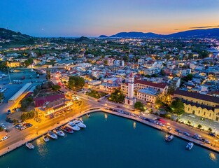 Obraz premium Lovely Aerial image of Zante Town on the Greek Island of Zakynthos during Dusk. 16th Sept 2024.