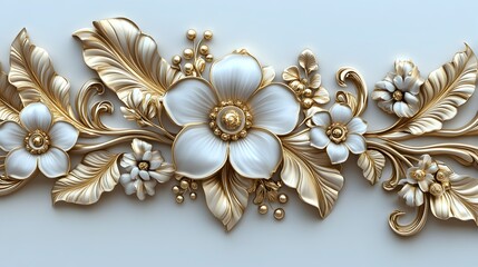 Obraz premium Magnificent white gold floral border jewelry with grandiose golden flower motifs sumptuous petal and leaf elements
