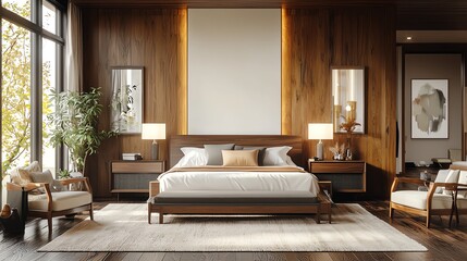 Sleek bedroom, dark color palette, modern furniture, 3D illustration
