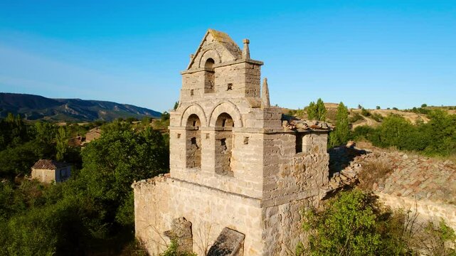 Aerial view of abandoned hermitage in Barcena de Bureba, Burgos, Spain. High quality 4k footage