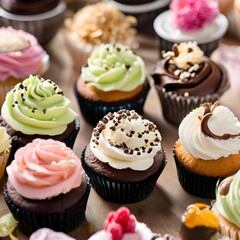 Beautiful and tasty cupcakes on the table A collection of delectable sweet treats topped with cream