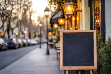 A charming outdoor scene featuring a blank chalkboard sign beside a cozy street lined with lanterns and parked cars.