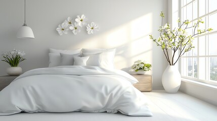 Sleek bedroom, white and gray tones, minimal furniture, 3D illustration