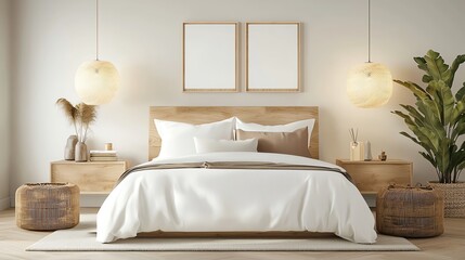 Sleek contemporary bedroom, minimal decor, statement lighting, 3D illustration