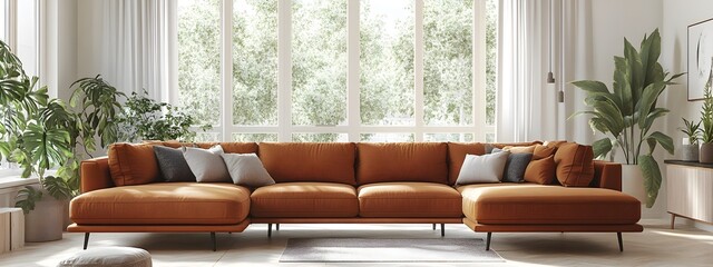 Inviting and cozy contemporary living area with a spacious wraparound sofa in a rich fabric clean lined and uncluttered design aesthetic with pops of greenery