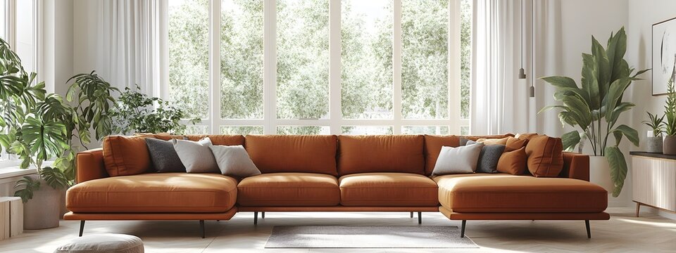 Inviting and cozy contemporary living area with a spacious wraparound sofa in a rich fabric clean lined and uncluttered design aesthetic with pops of greenery