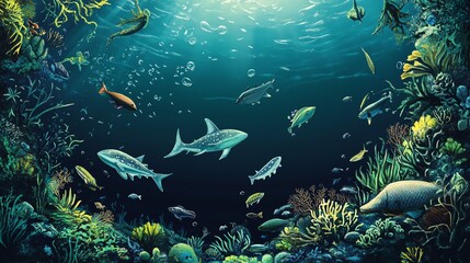 A vibrant underwater scene featuring diverse marine life, including sharks and colorful coral, showcasing the beauty of ocean ecosystems.