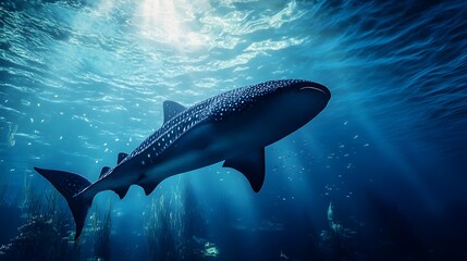 Fototapeta premium Majestic deep sea whale shark gracefully swimming and gliding through the calm serene underwater seascape of the vast ocean This magnificent marine creature explores its natural habitat