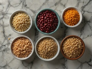 Assorted raw grains, beans, and cereals in bowls on a marble background for healthy cooking.