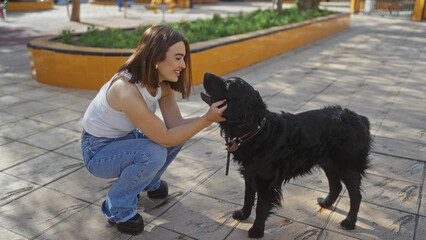 A beautiful young woman squats down to pet her labrador dog in an urban city park on a sunny day,...