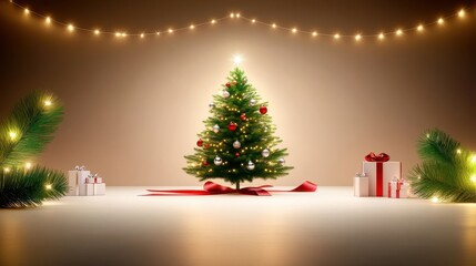 Obraz premium Christmas tree decorated with red ribbons, silver ornaments, and fairy lights, creating a festive holiday atmosphere.