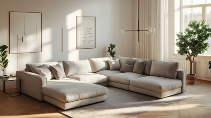 Fototapeta premium Inviting and Cozy Modern Living Space with Plush L Shaped Sectional Sofa and Elegant Minimalist Decor Warm Color Hues Bringing a Welcoming Atmosphere