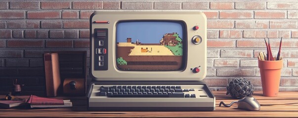 An old-fashioned PC with a nostalgic pixelated game on the screen