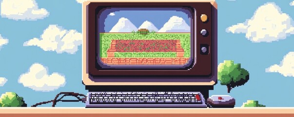 An old-fashioned PC with a nostalgic pixelated game on the screen