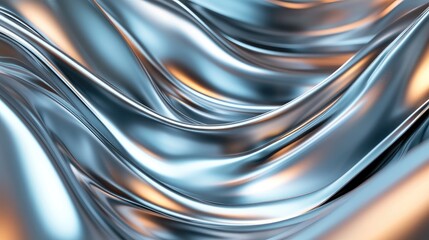 Abstract futuristic landscape of smooth metallic curves and light reflections, like molten metal. No people, no logo.