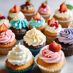 Beautiful and tasty cupcakes on the table A collection of delectable sweet treats topped with cream