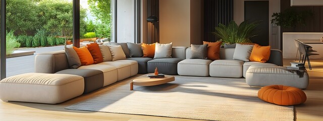 Inviting and relaxing modern lounge area with a large modular sofa and tasteful pared down styling  The vibrant color accents add pops of vibrant color creating a Bauhaus inspired aesthetic in this 3D