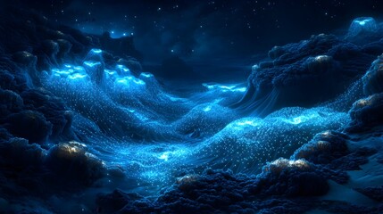 Fototapeta premium Mesmerizing and ethereal underwater scene showcasing a captivating bioluminescent display in the deep ocean at night The glowing luminous organisms create a surreal and otherworldly illumination
