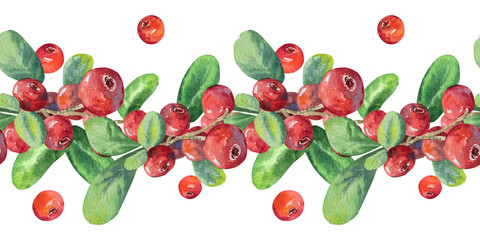 Seamless border lingonberry berries with green leaves. Watercolor botanical illustration hand drawing twig with lingonberry berries.