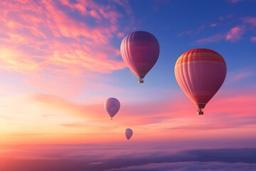 Fototapeta premium Breathtaking aerial view of a group of hot air balloons drifting across a dramatic,fiery sunset sky. Serene,peaceful.