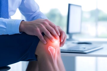 Young Adult Office Worker Grimacing with Acute Knee Pain While Working at Desk