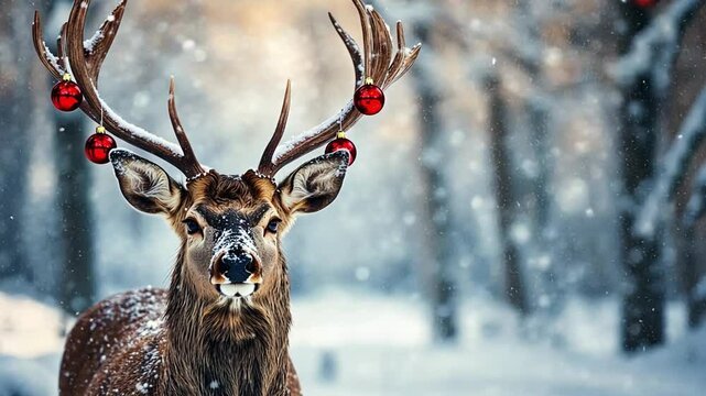 The deer with hanging festive ornaments on antlers, gazes curiously as snowflakes gently fall in a serene winter woodland