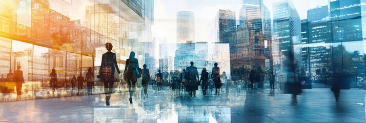 A group of people walking down a city street