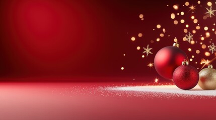 Deep red Christmas background with gold stars and snowflakes, accented with sparkling lights and holiday ornaments.