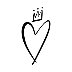 Hand-drawn black isolated royal heart queen or princess with crown. Brush, ink. Decor element. Valentine's day card, pattern element and love symbol. Vector, clip-art.