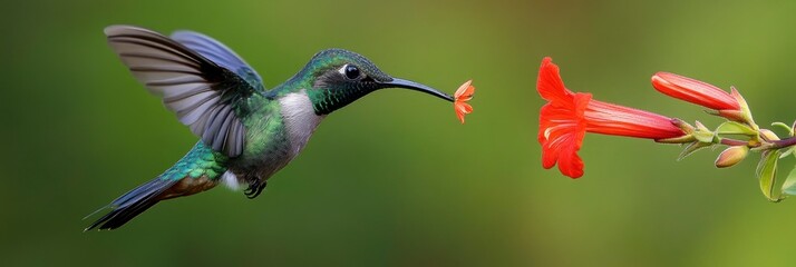 Naklejka premium Hummingbird obtaining honey from a red bloom against a green backdrop