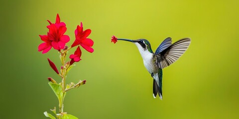 Obraz premium Hummingbird obtaining honey from a red bloom against a green backdrop