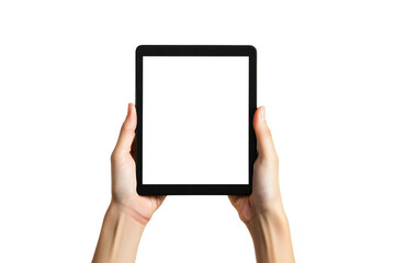 Digital Tablet Mockup with Blank Screen Held by Hands, Isolated on White Background, Perfect for Tech Designs, App Displays, and Digital Device Templates
