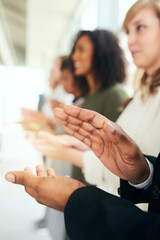 Hands, employees and people with applause in row at office in seminar with congratulations as...