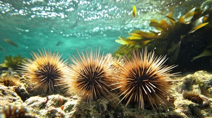 Close-up view of sea urchins on a rocky seabed, surrounded by vibrant underwater flora and shimmering ocean water.