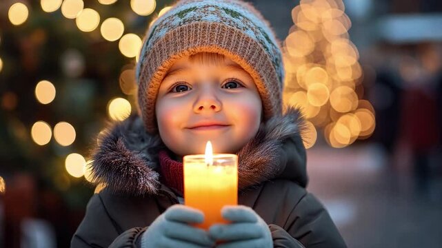 Smiling child boy with a candle surrounded by twinkling Christmas holiday lights while winter festivities unfold around them