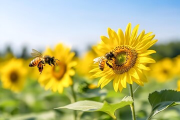 Naklejka premium Closeup shot of bees pollinating a field of vibrant yellow sunflowers on a bright,sunny day in a lush,rural meadow setting.