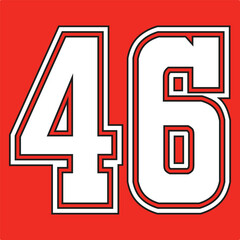 46 Classic Vintage Sport Jersey / Uniform numbers in black with a black outside contour line number on white background for American football, Baseball and Basketball or soccer for shirt