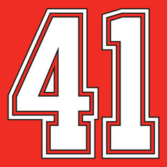 Fototapeta premium 41 Classic Vintage Sport Jersey Uniform numbers in black with a black outside contour line number on white background for American football, Baseball and Basketball or soccer for shirt