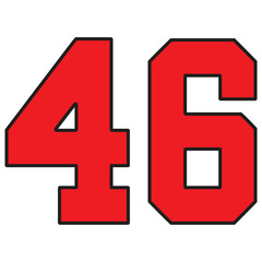 Fototapeta premium 46 Classic Vintage Sport Jersey / Uniform numbers in black with a black outside contour line number on white background for American football, Baseball and Basketball or soccer for shirt