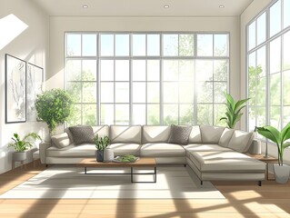 Fototapeta premium Inviting and spacious modern living space featuring a plush sectional sofa sleek minimalist decor and abundant natural light pouring in through large windows creating a serene and tranquil ambiance