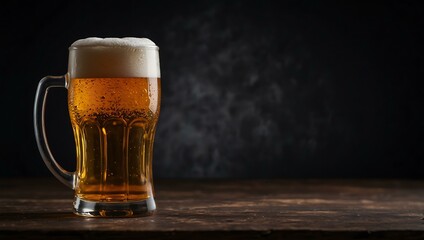Beer glass on a dark background, copy space available.