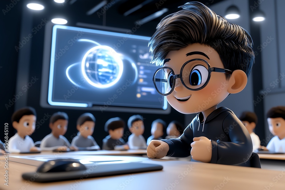 Aufkleber A 3D-rendered virtual classroom with students attending an e-learning session, where the teacherâ€™s avatar interacts with 3D learning materials