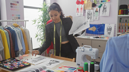 A hispanic woman designer examines fabric samples in a well-equipped tailoring atelier, surrounded by clothing sketches and a sewing machine.