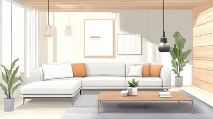 Fototapeta premium Inviting and Stylish Modern Living Room with Comfortable Sectional Sofa Minimalist Design and Cohesive Natural Wood Tones Creating a Calming Ambiance