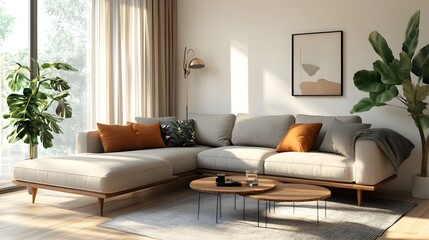 Inviting and Stylish Modern Living Room with Minimalist Flair and Calming Ambiance   3D Rendered Scene Featuring a Comfortable Sectional Sofa Cohesive Design and Natural Wood Tones