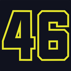 46 Classic Vintage Sport Jersey / Uniform numbers in black with a black outside contour line number on white background for American football, Baseball and Basketball or soccer for shirt