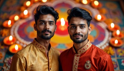 Obraz premium Two Indian Men Joyfully Celebrating Diwali Surrounded by Lit Diyas Indoors