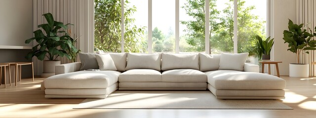 Inviting and welcoming modern living room showcasing a plush L shaped sectional sofa in a neutral textile minimalist yet stylish decor with pops of greenery